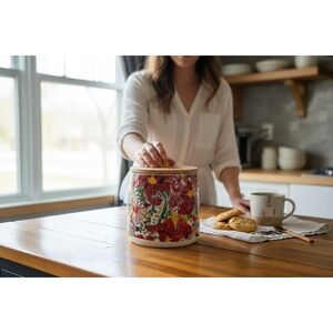 Opalhouse Floral Stoneware Canister Small 5.5x6 Red Yellow NWOT Wood Lid